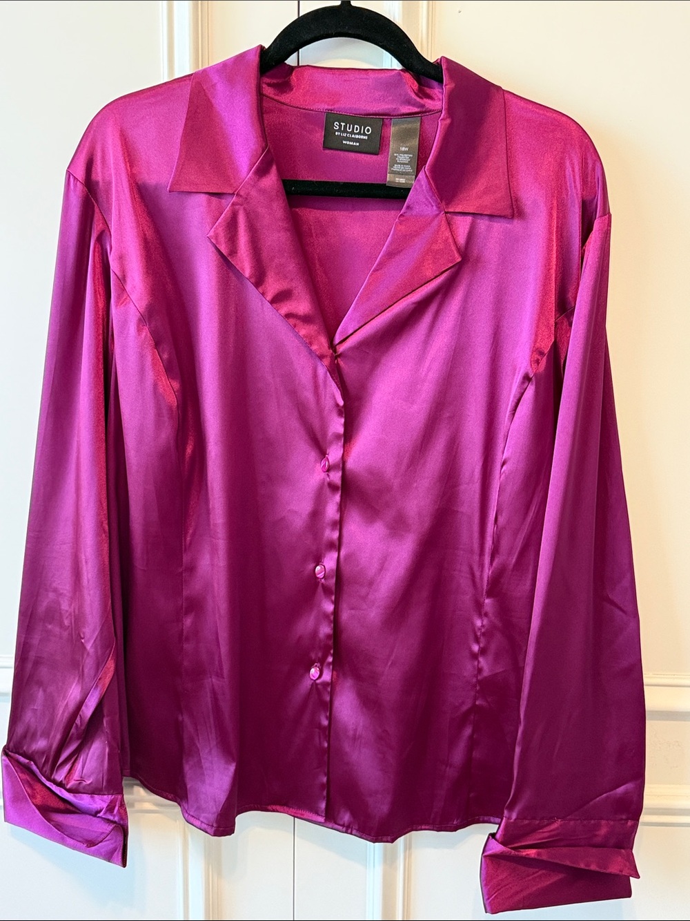 Studio Satin Button-Down Shirt in Fuchsia Magenta